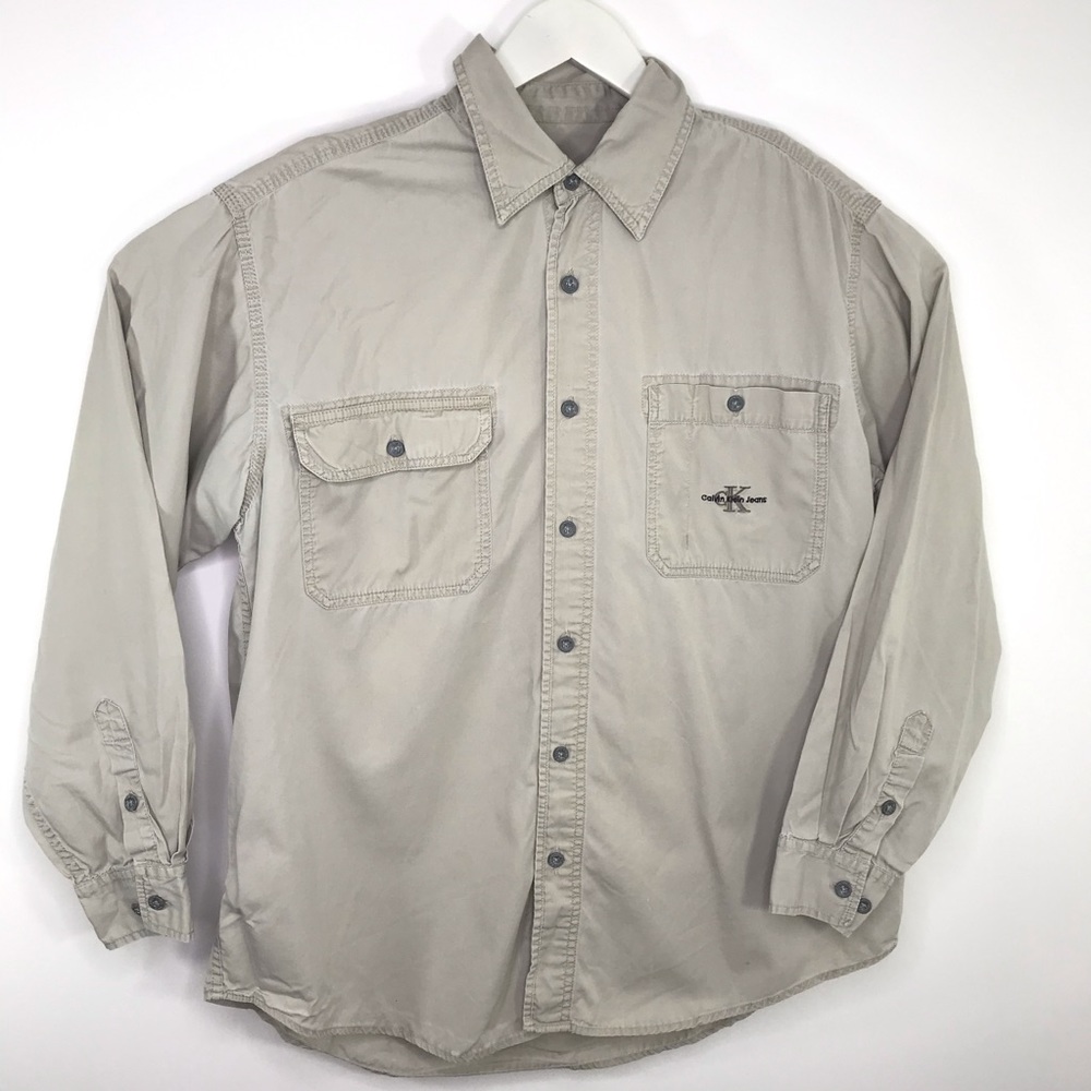 VTG vintage Calvin Klein Tan Button Up Shirt L - Picture 1 of 6